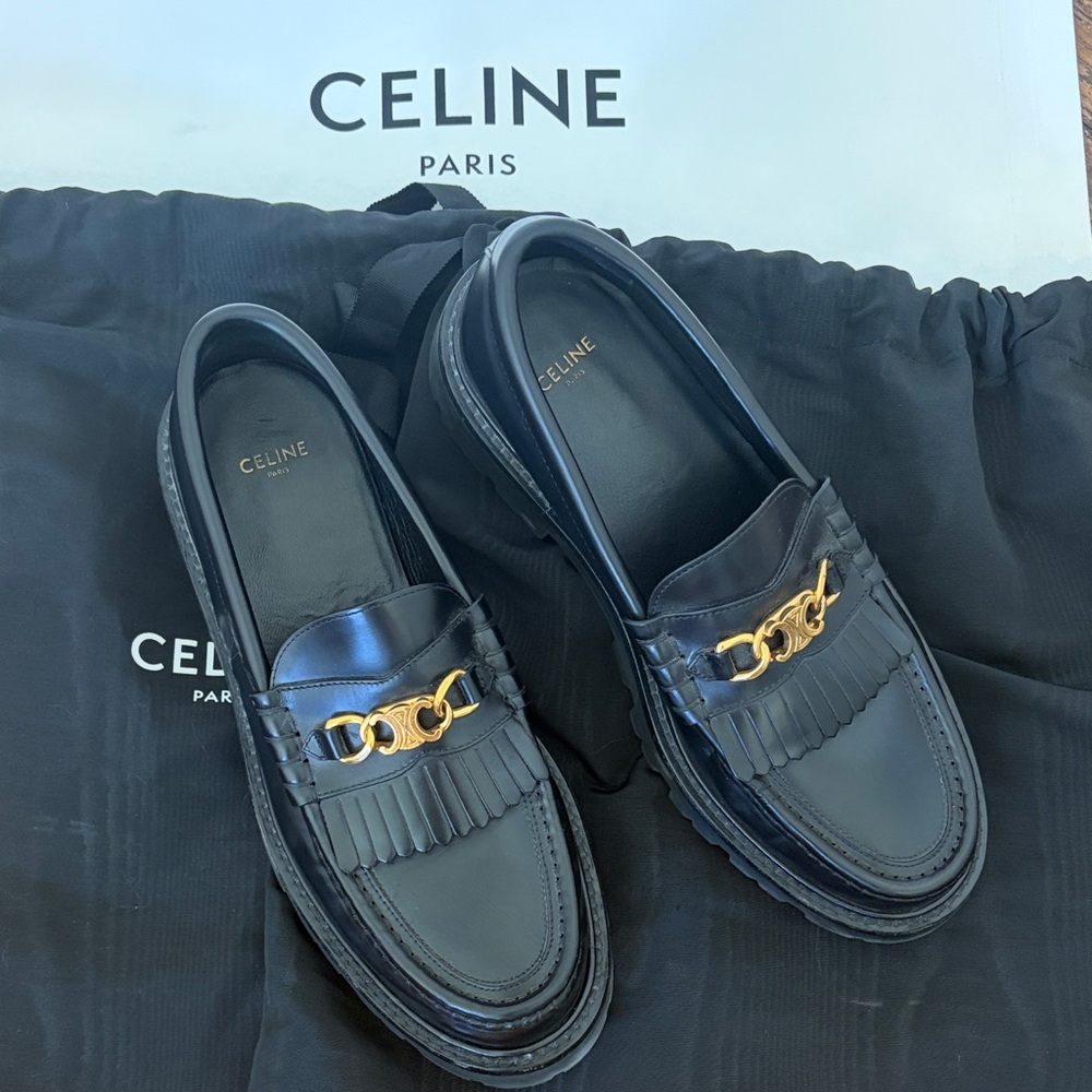 Celine Margaret Triomphe Black Leather Loafers with Gold Accent size 40 us 9 - Picture 3 of 13